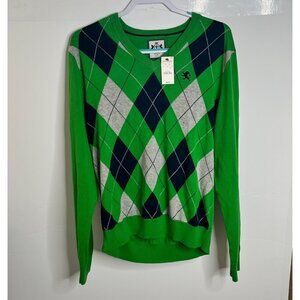 Argyle Pattern Mens Sweater Large Green Navy Gray 100% Cotton By Express NWT $70
